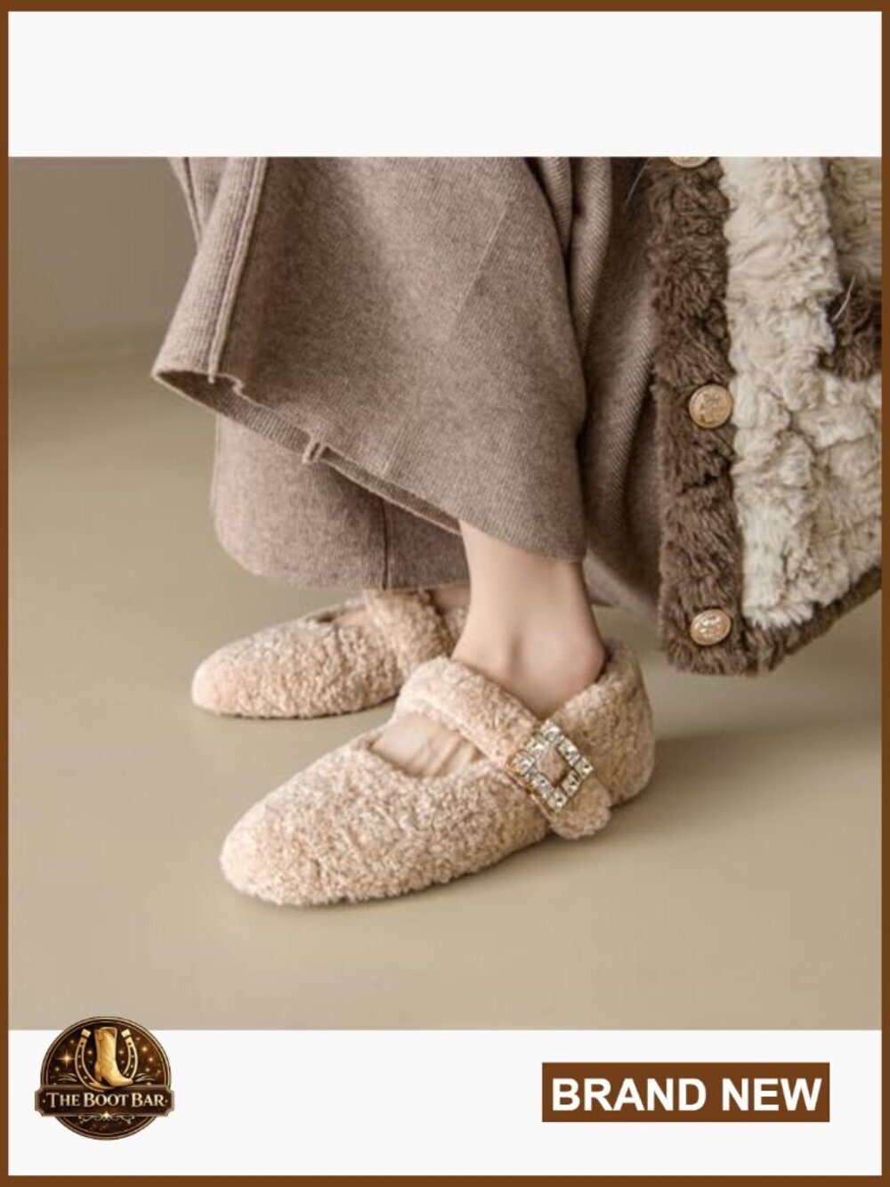 Shearling Ballet Flats Rabbit Fur Lined Crystal Buckle Mary Jane Shoes - Picture 2 of 7